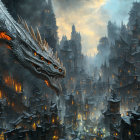 Majestic dragon over misty gothic cityscape with fiery glows