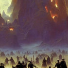Sinister Fantasy Landscape: Silhouetted Figures, Mountains, Lava Flows, Castle,