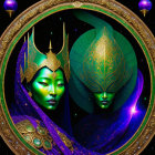 Symmetrical digital artwork of regal female figures in cosmic setting