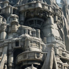 Intricate Gothic architecture of golden castle in snowy mountain cliffs