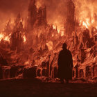 Person in front of fiery dystopian landscape with burning structures.