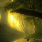 Enchanted forest with sunbeams, oversized flora, stream, and surreal creatures