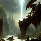 Fantasy landscape with towering spires, dragon, and lone figure