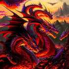 Detailed fiery red dragon illustration in dramatic sunset setting.