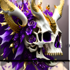 Skull-adorned sculpture with purple crystals and gold detailing