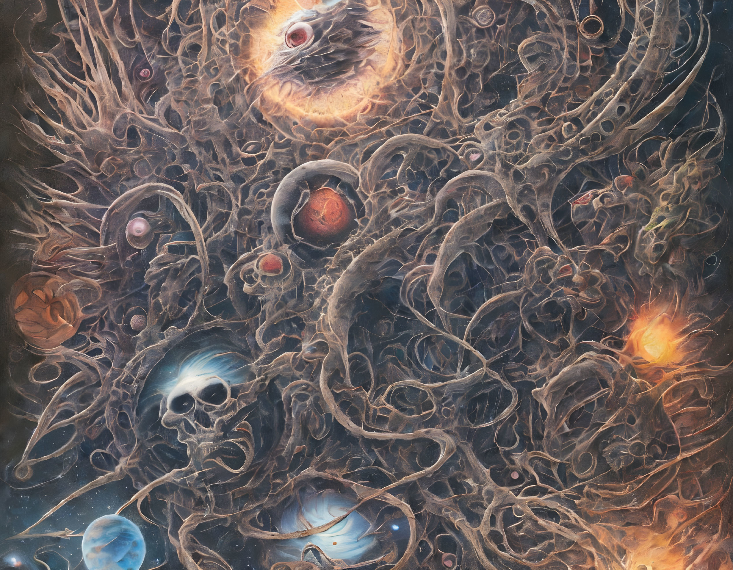 Cosmic tapestry with celestial bodies, serpentine tendrils, skull, and vibrant orbs.