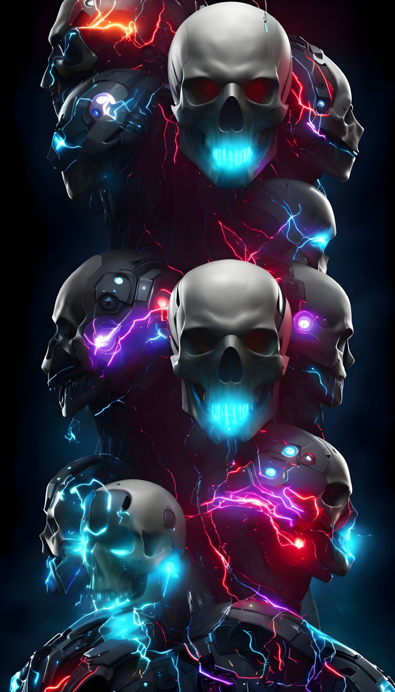 Futuristic robot skulls with neon lights and electrical energy on dark background