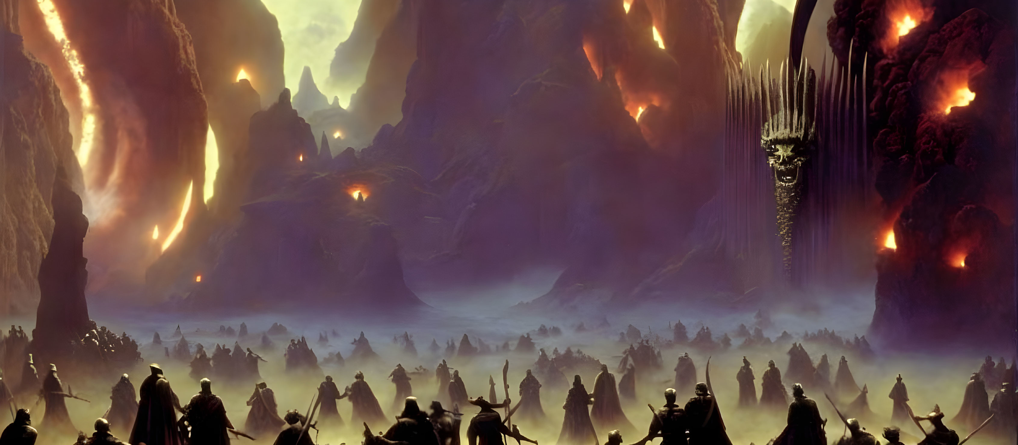 Sinister Fantasy Landscape: Silhouetted Figures, Mountains, Lava Flows, Castle,