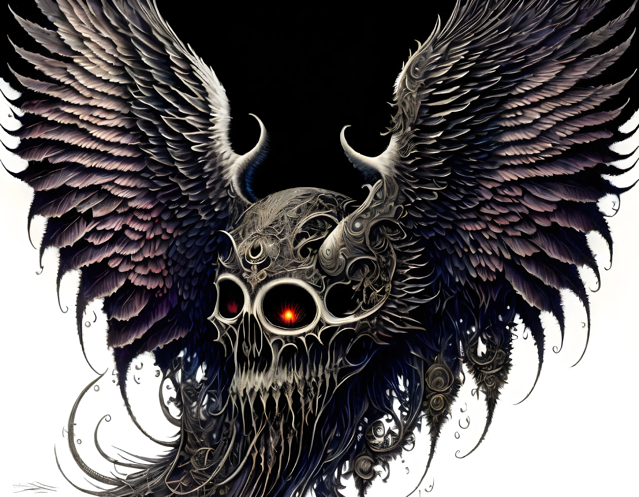 Detailed fantasy drawing of creature with feathery wings and glowing red eyes.