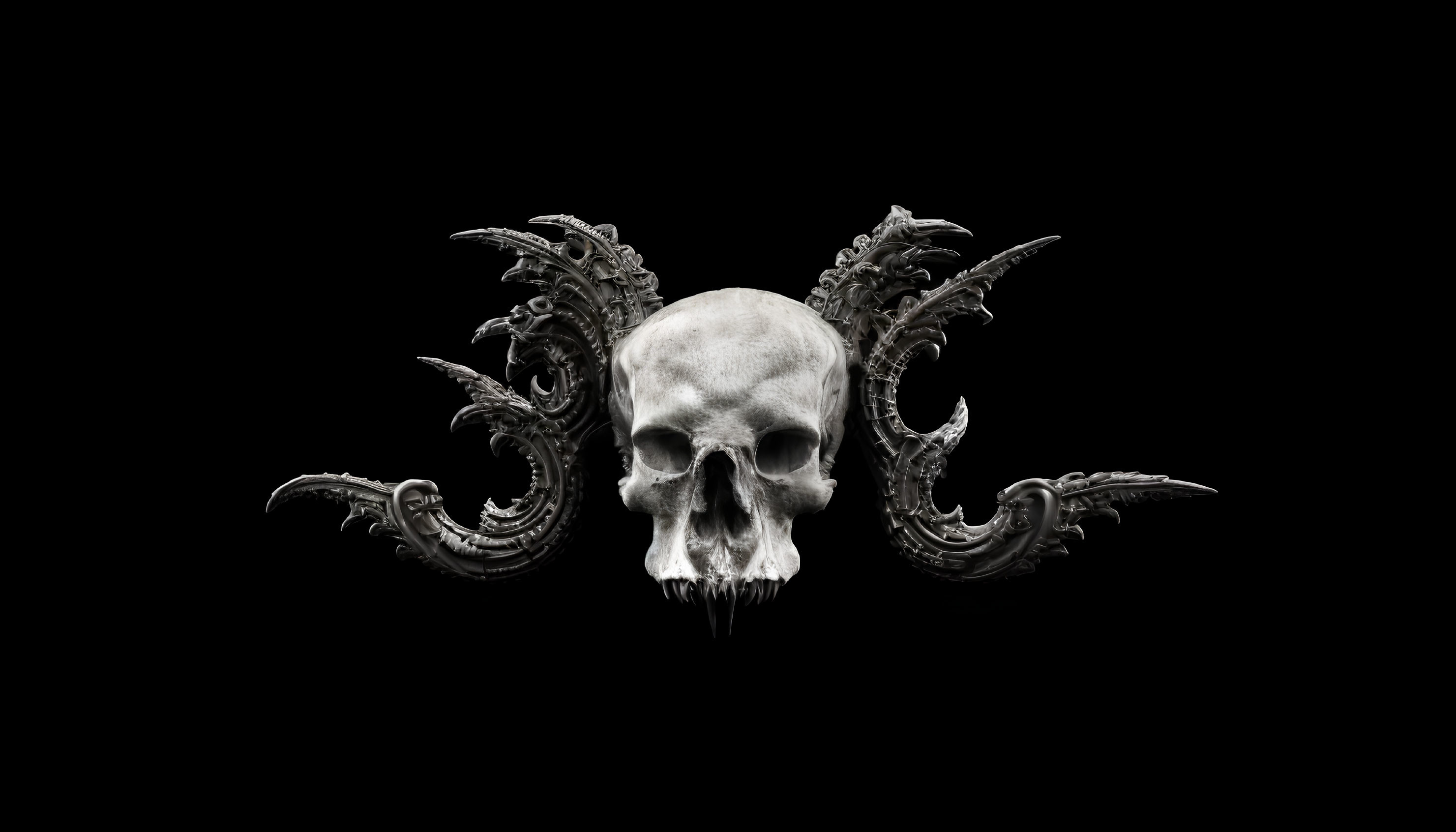 Monochrome human skull with metallic dragon wings on black background