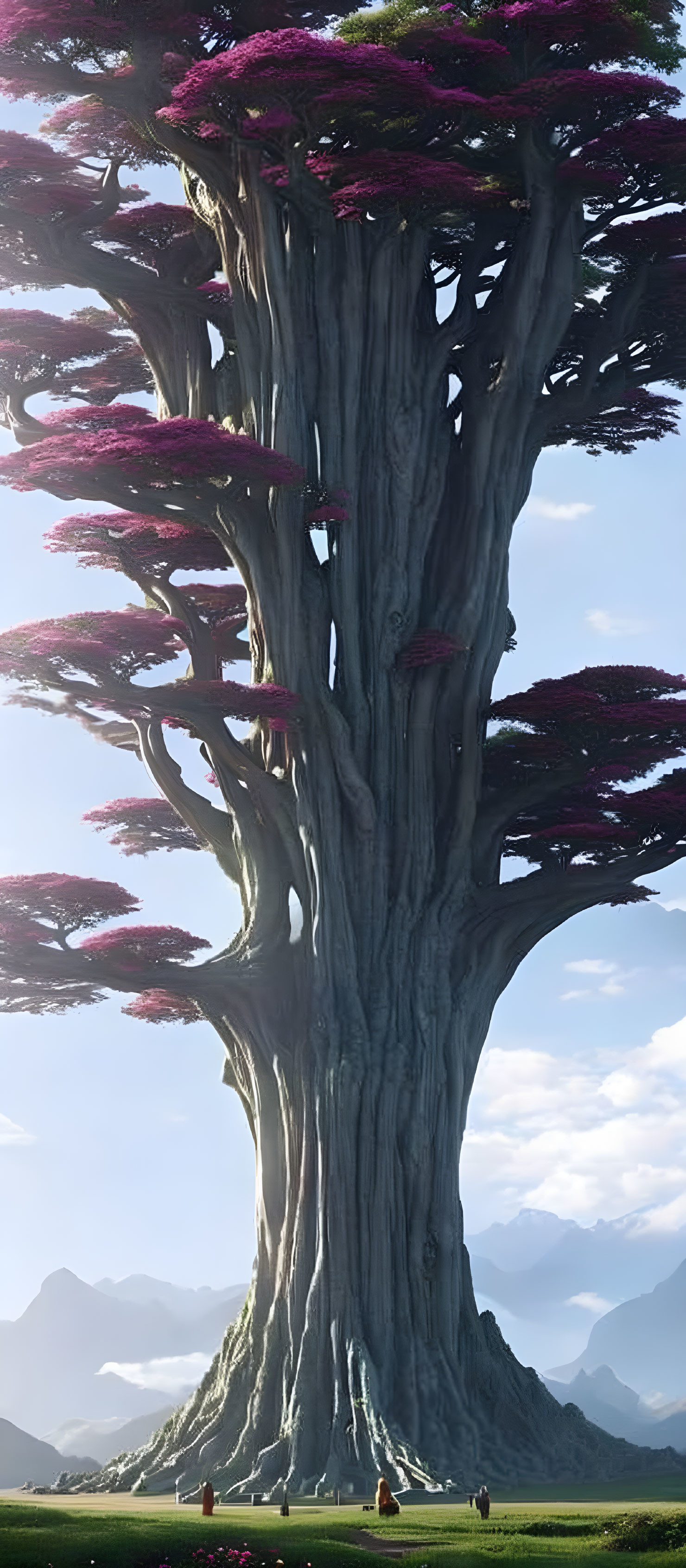 Giant fantasy tree with purple foliage amidst mountains and clear sky