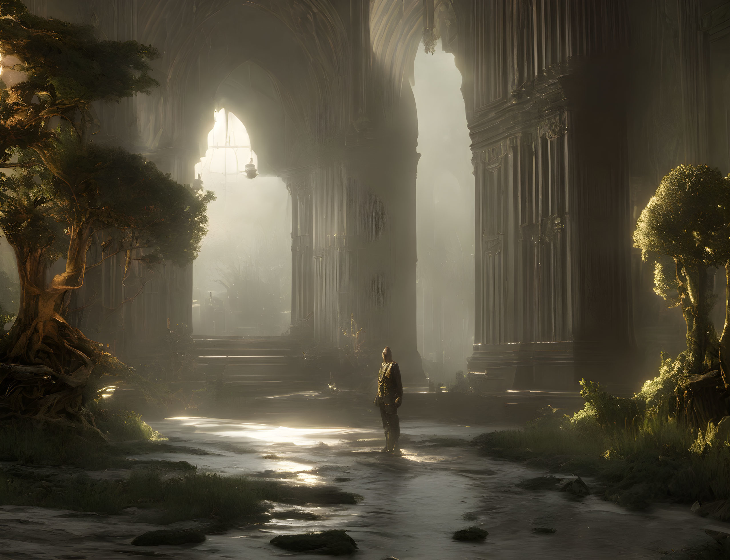 Figure in sunlit overgrown cathedral with towering trees and ethereal light.