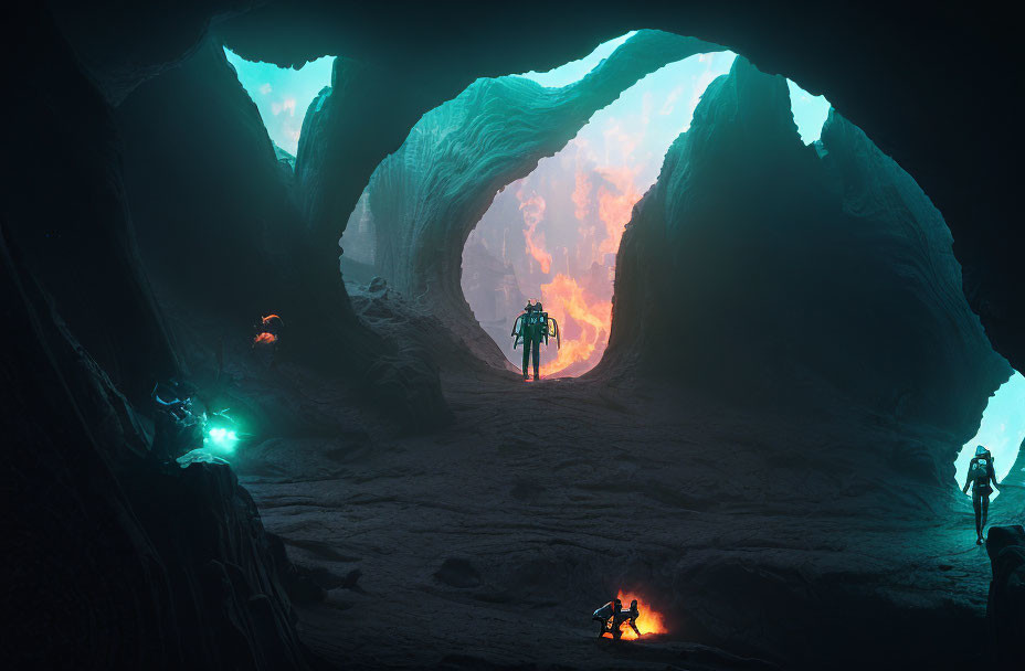 Mysterious cavern with glowing blue formations and silhouetted figures in orange haze