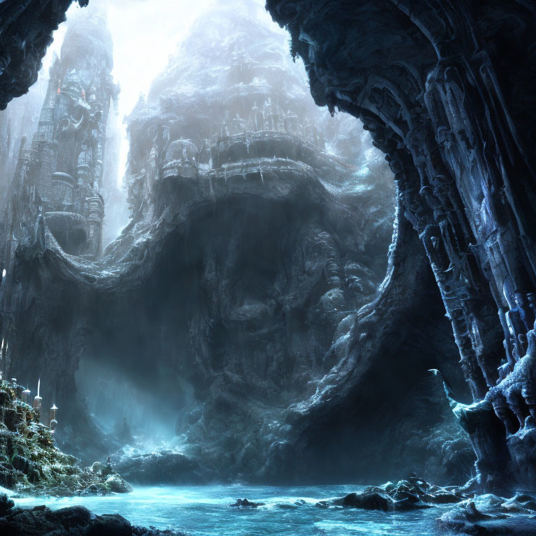 Ethereal underground cavern with blue water and mystical structures