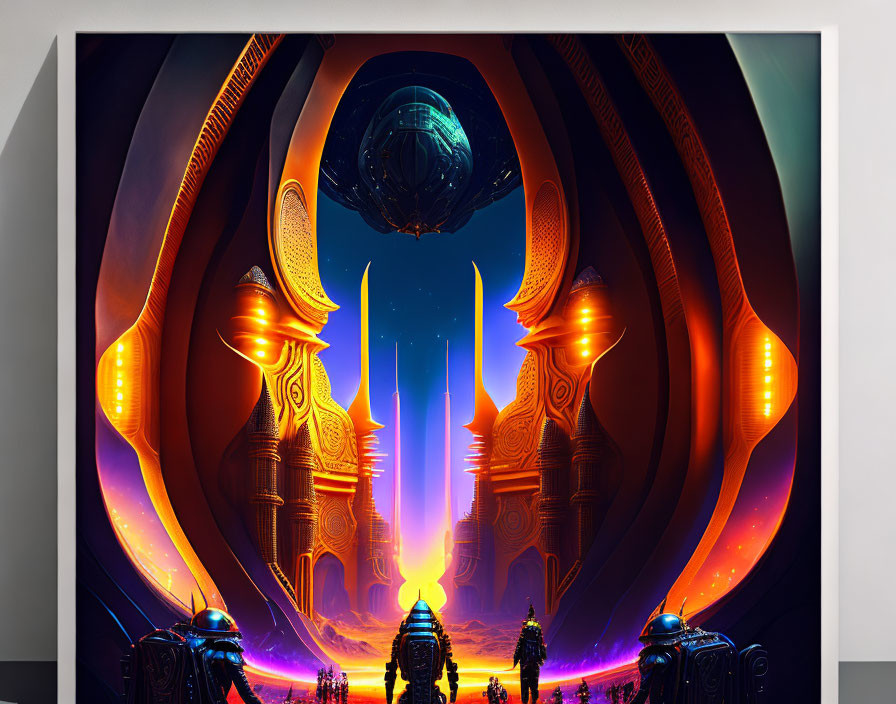 Futuristic artwork of otherworldly temple with radiant towers, hovering orb, figures, glowing portal