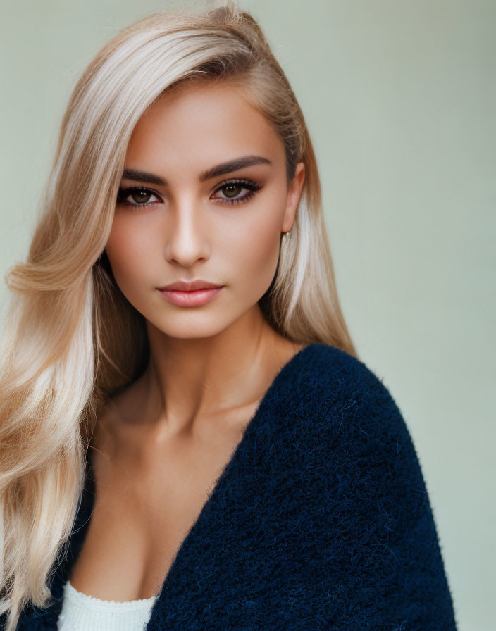 Blonde Woman Portrait in Blue Garment on Green Background