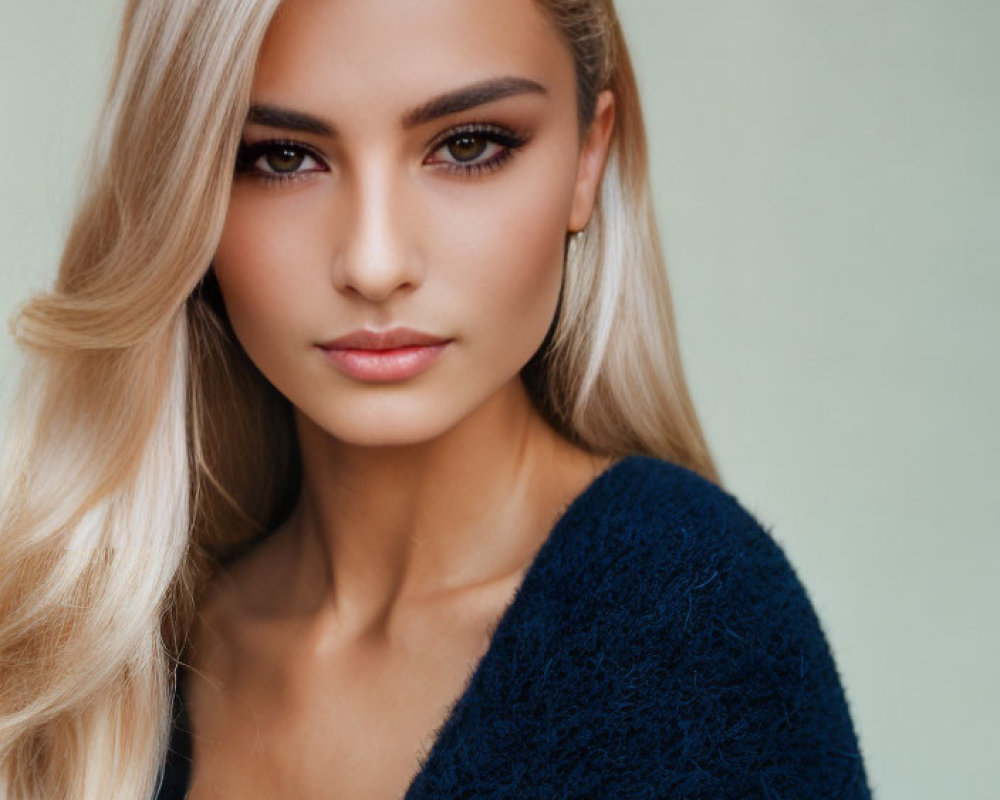 Blonde Woman Portrait in Blue Garment on Green Background