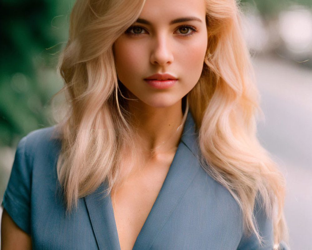 Blonde Woman Portrait in Blue Shirt with Green Background