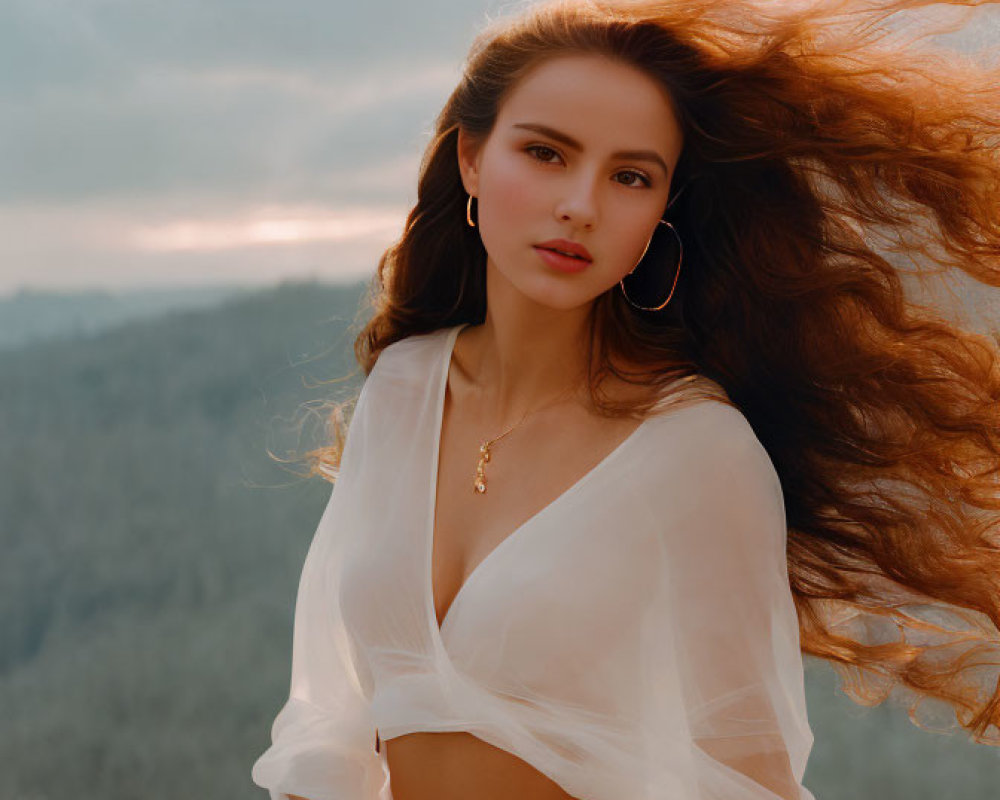 Woman with long flowing hair in sheer white top against dusky sky