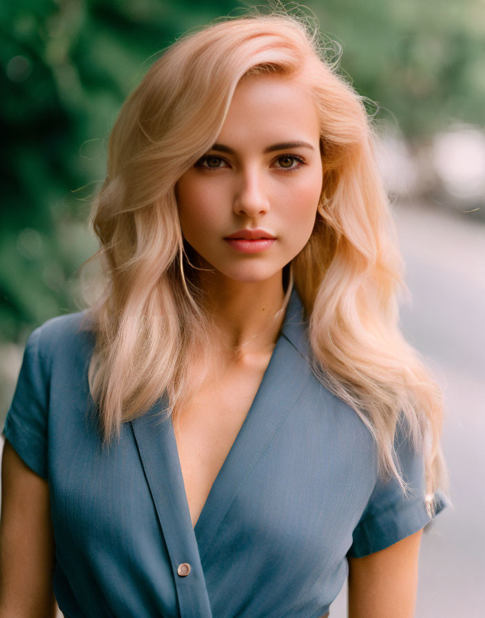 Blonde Woman Portrait in Blue Shirt with Green Background