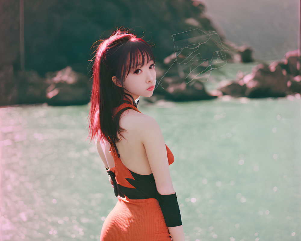 Red-Haired Woman in Orange Dress by Water Body