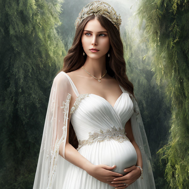 Serene woman in white bridal gown with tiara and veil in lush green forest