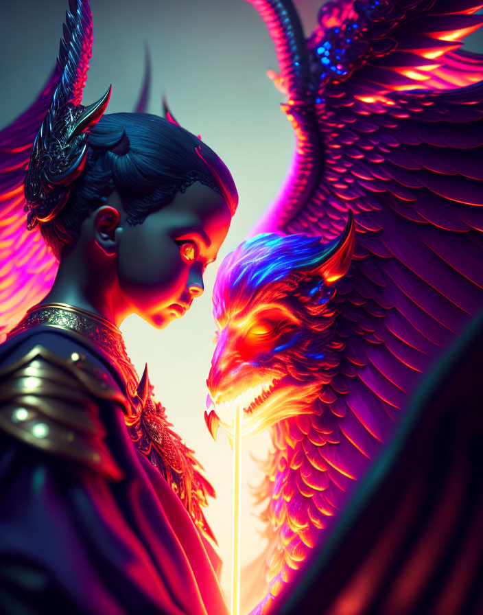 Mythical winged character confronts fierce creature in vivid artwork