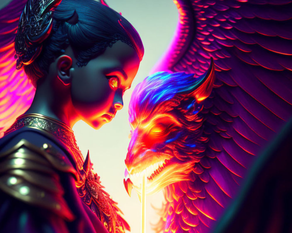 Mythical winged character confronts fierce creature in vivid artwork