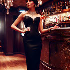 Sophisticated woman in black dress at luxurious bar with chandeliers