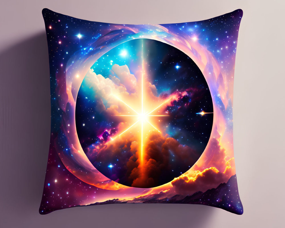 Cosmic-themed decorative pillow with vibrant colors and eye-shaped central light