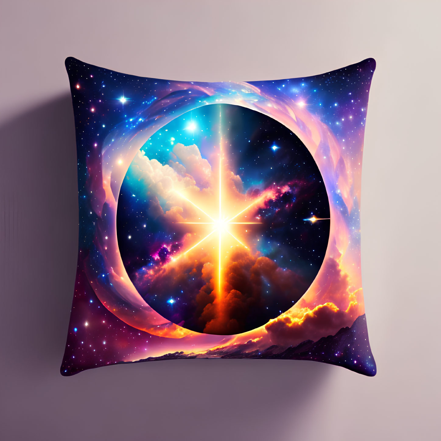 Cosmic-themed decorative pillow with vibrant colors and eye-shaped central light