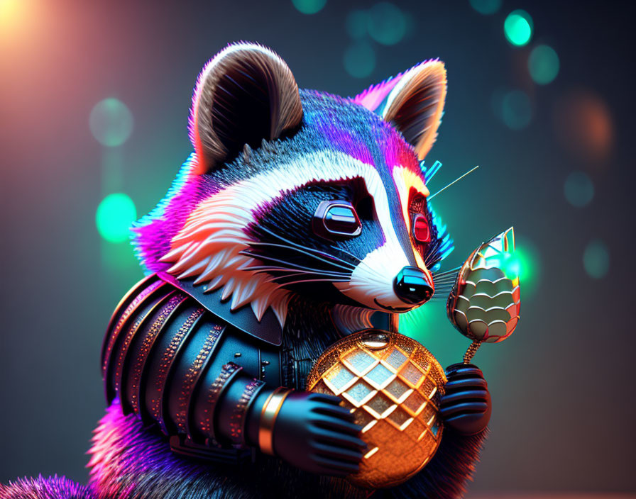 Vibrant digital illustration of raccoon with futuristic object