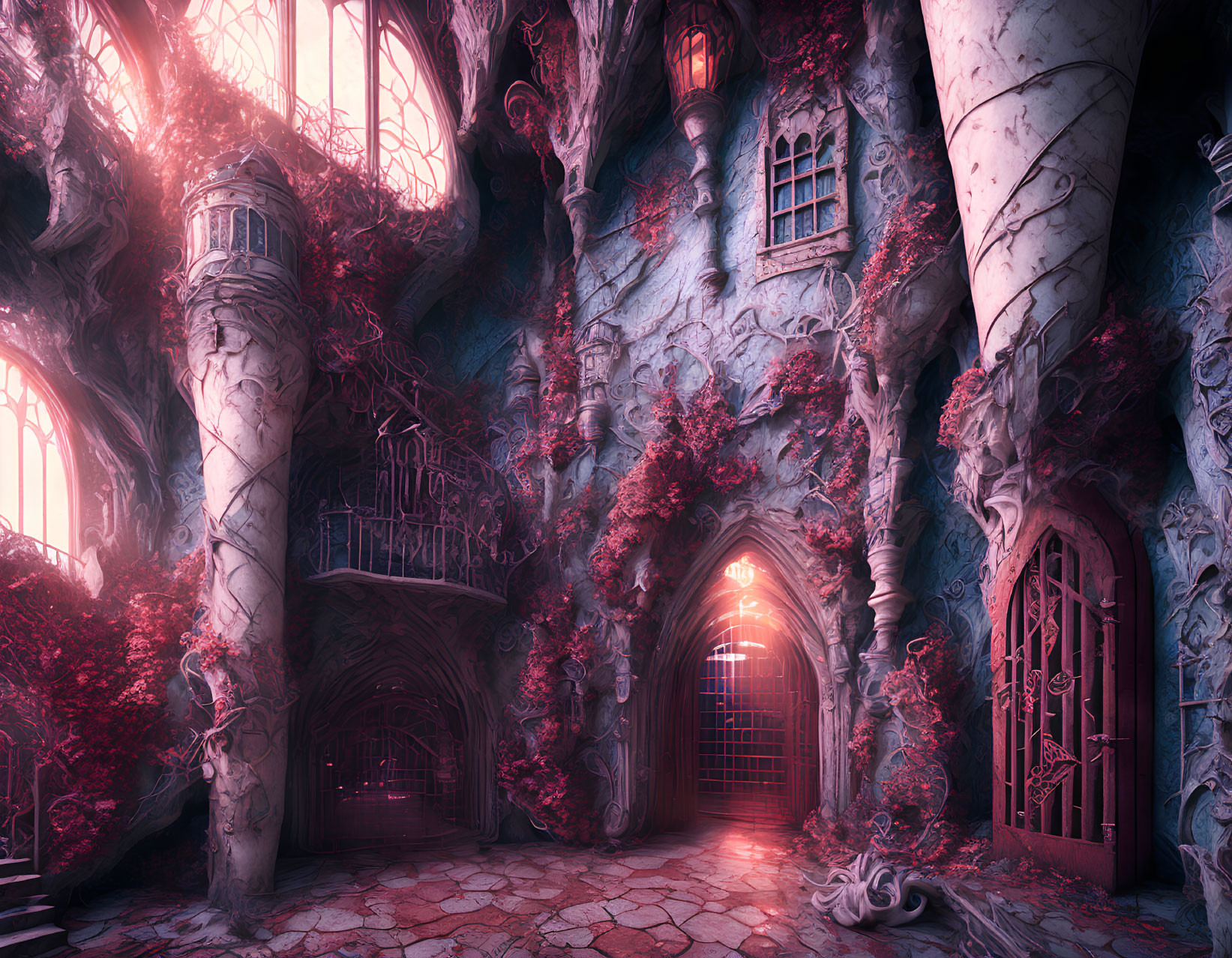 Ethereal Gothic interior with red ivy, ornate windows, arches, columns