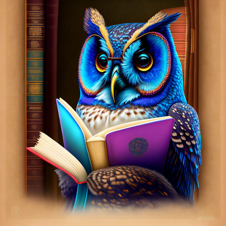 Colorful Wise Owl Reading Book in Library Setting