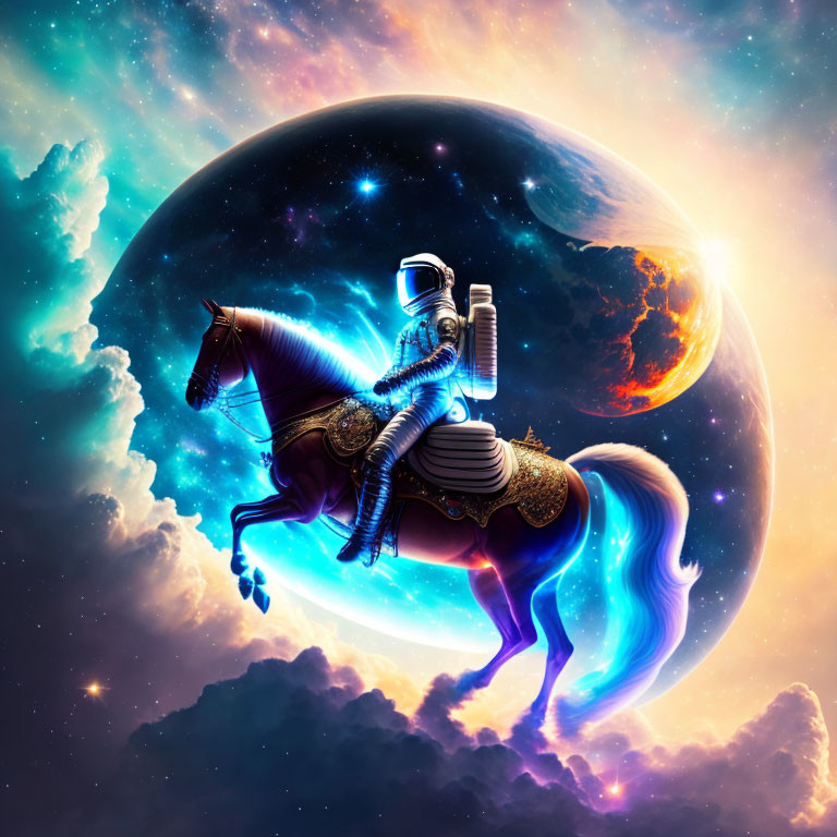 Astronaut on horseback in space with glowing outlines, colorful nebula, and planet