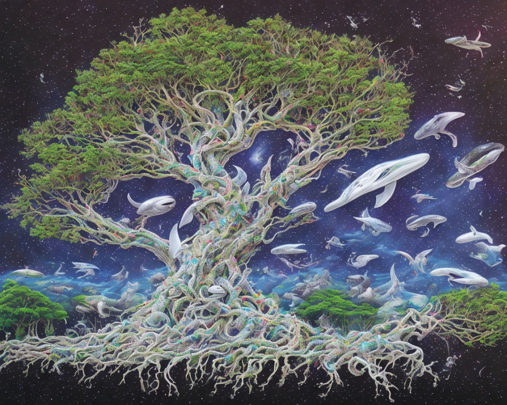 Surreal cosmic tree with whale-like creatures in star-filled sky