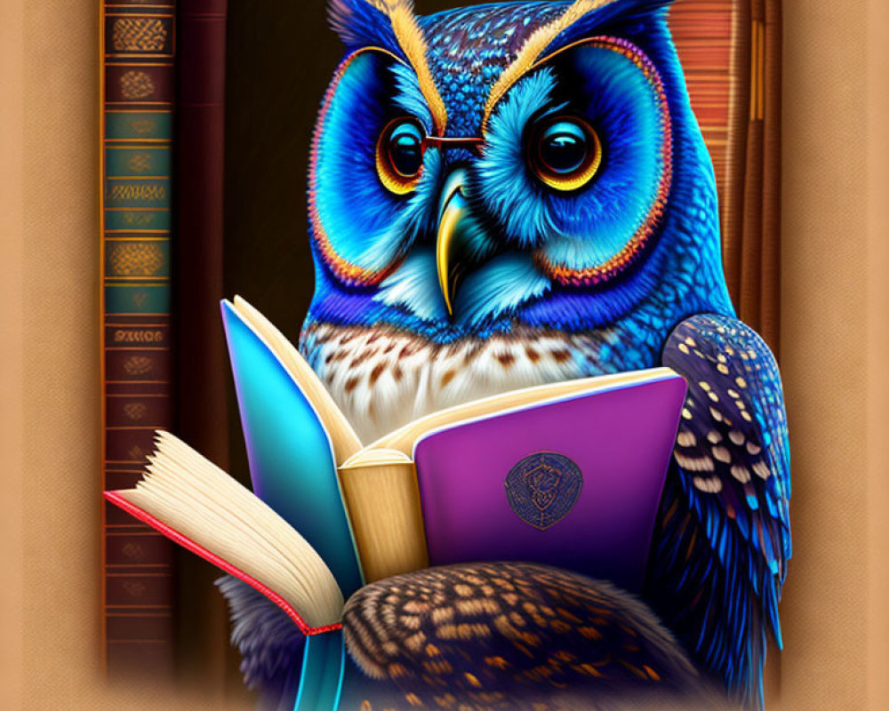 Colorful Wise Owl Reading Book in Library Setting