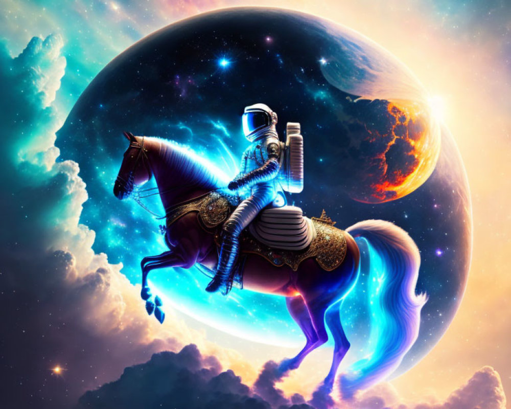 Astronaut on horseback in space with glowing outlines, colorful nebula, and planet