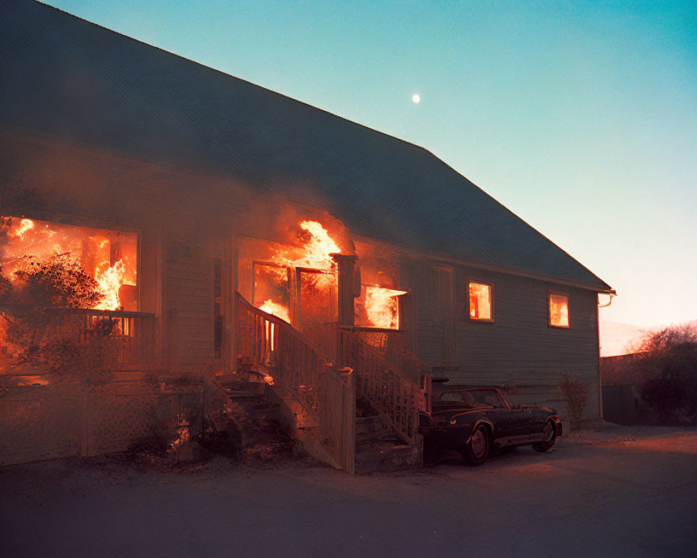 Burning house with classic car and moonlit sky