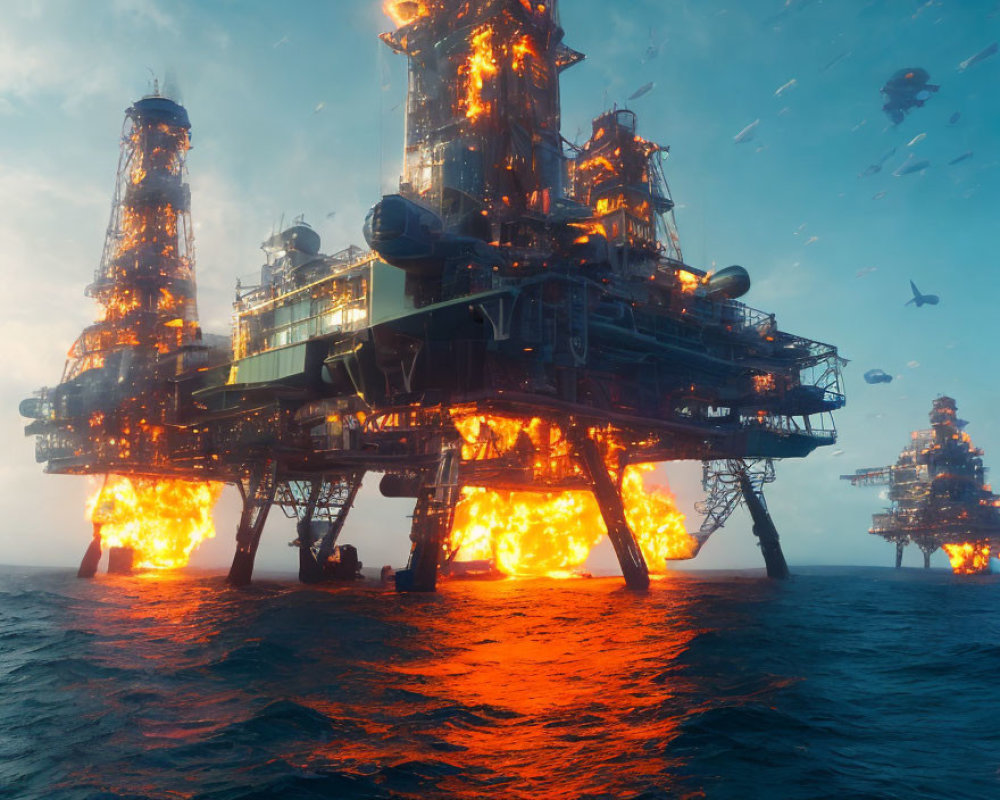 Burning offshore oil rig in rough seas with emergency flares under cloudy sky