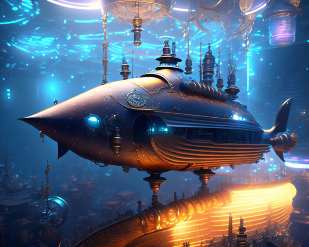 Intricate futuristic submarine in vibrant underwater cityscape