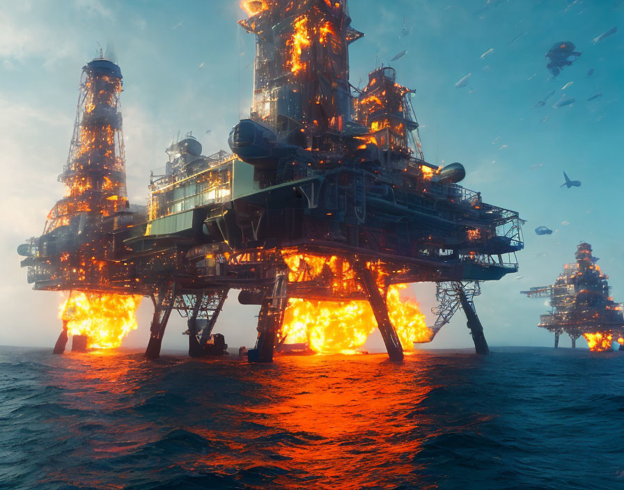 Burning offshore oil rig in rough seas with emergency flares under cloudy sky