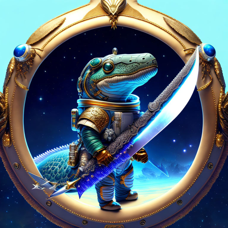 Illustration of armored frog with sword in ornate circular border