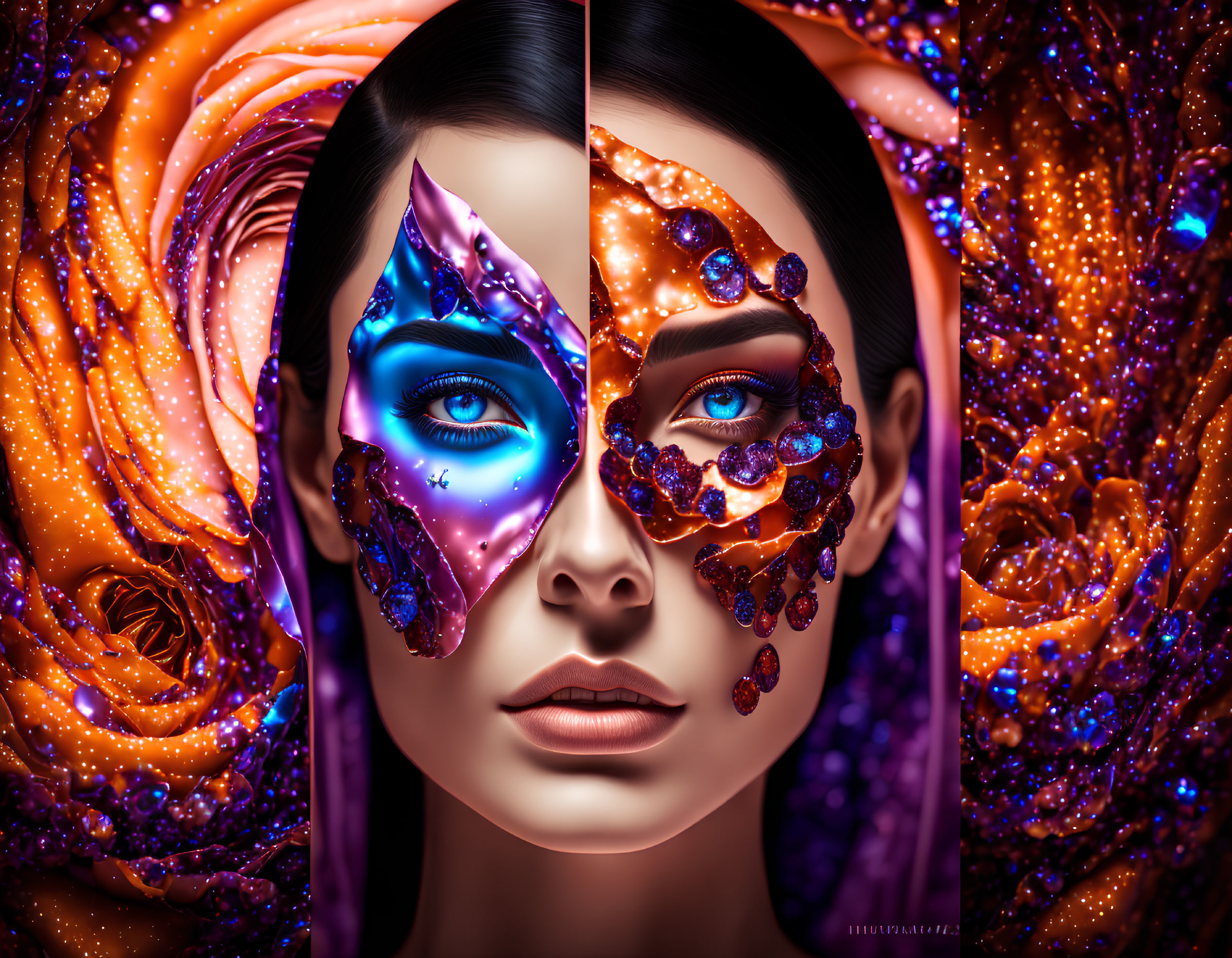 Split image of woman's natural face and cosmic starry design