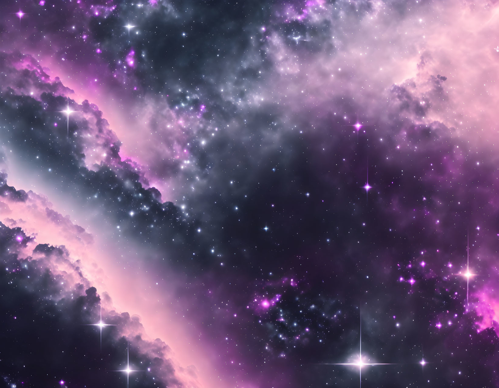 Colorful purple and pink cosmic nebulae with stars on dark space background