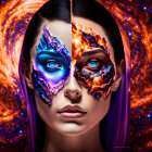 Split image of woman's natural face and cosmic starry design