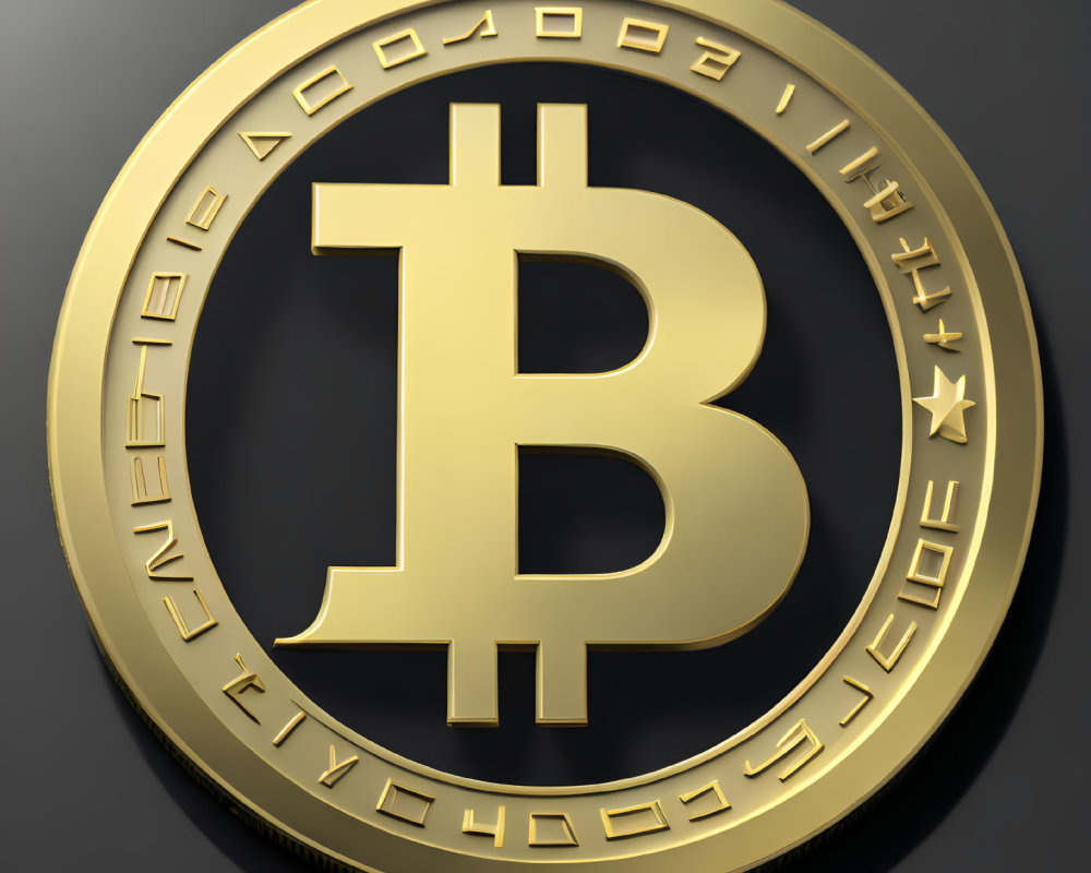 Golden 3D-Rendered Bitcoin with Embossed Symbols on Dark Gray Background