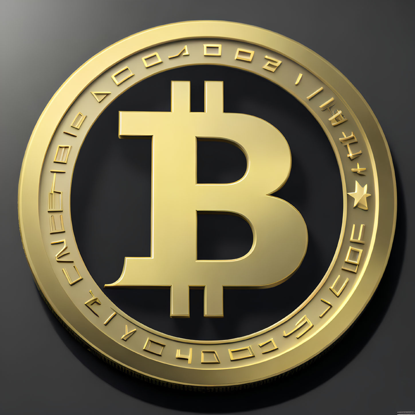 Golden 3D-Rendered Bitcoin with Embossed Symbols on Dark Gray Background