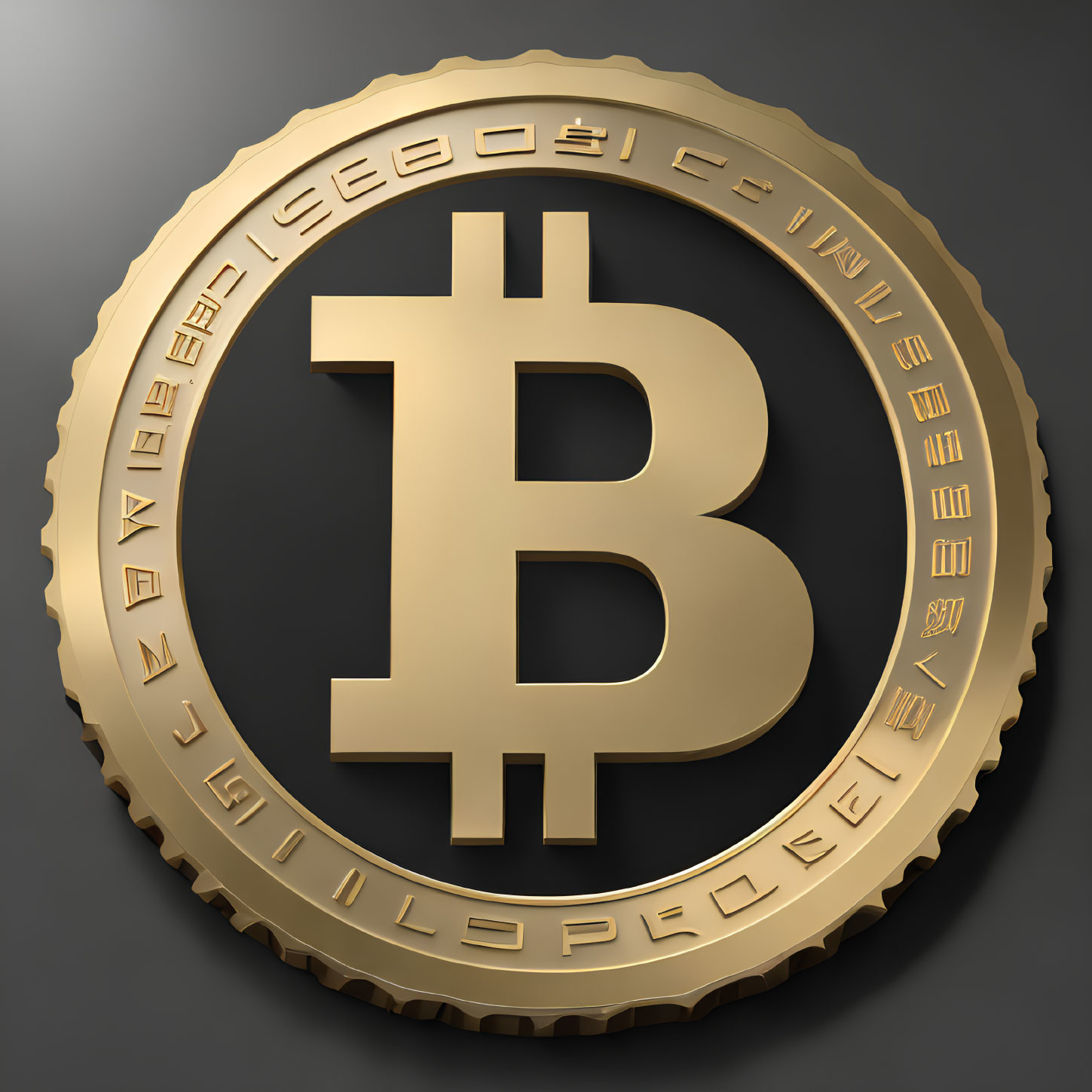 Golden Bitcoin 3D Illustration with Embossed Details on Dark Background