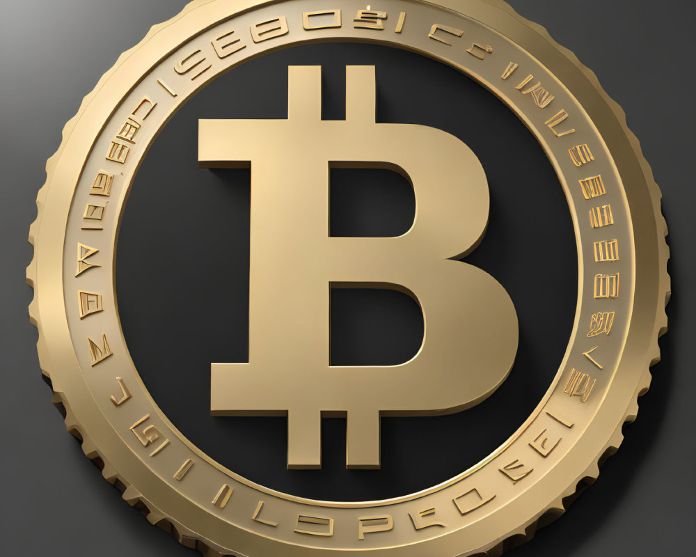 Golden Bitcoin 3D Illustration with Embossed Details on Dark Background